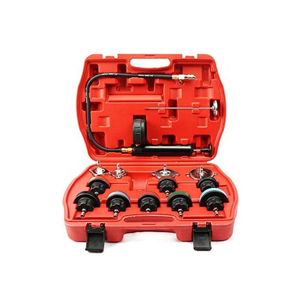 Radiator pressure tester kit with 14 pieces laid out