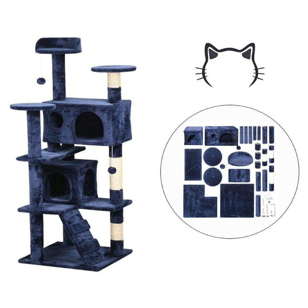 Blue cat tower with neutral colour accents