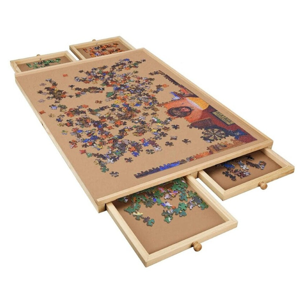 Puzzle board with drawers storing puzzle pieces