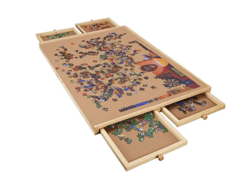 Puzzle board with drawers storing puzzle pieces