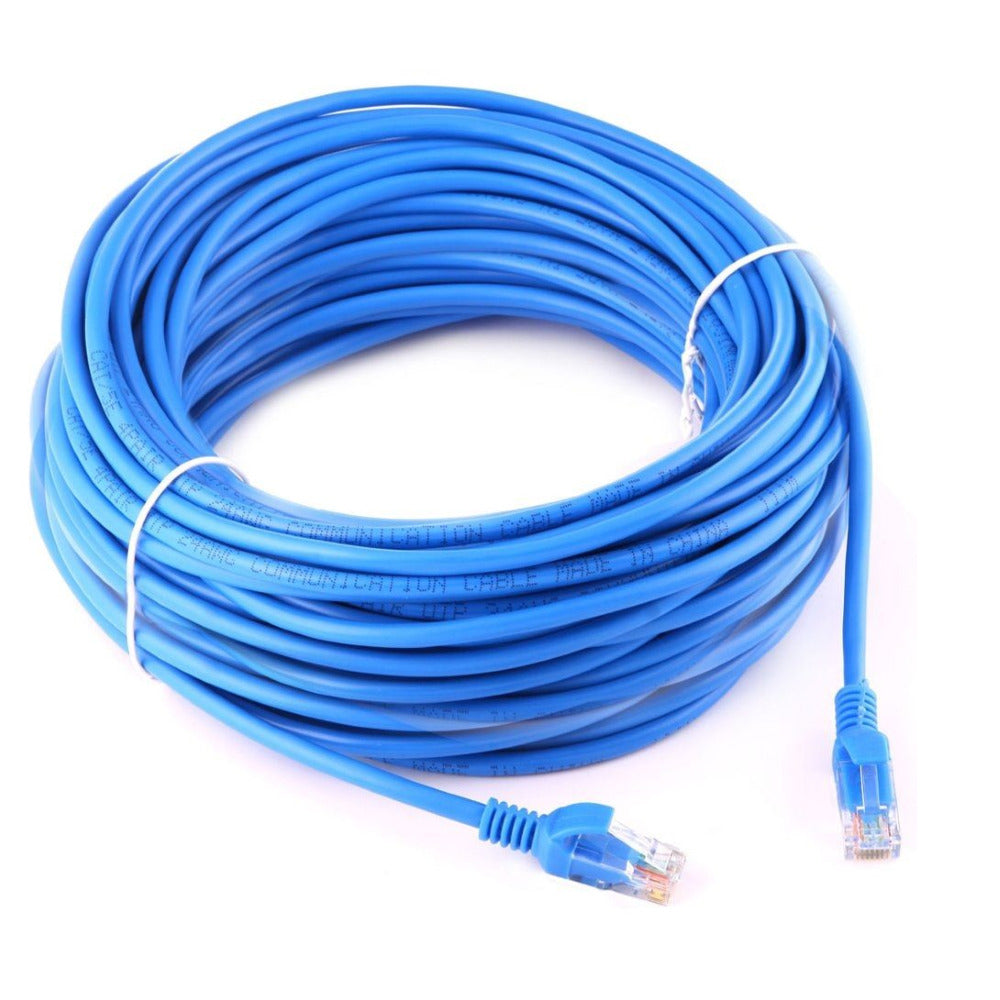 Blue Cat5e Ethernet cable coiled for storage