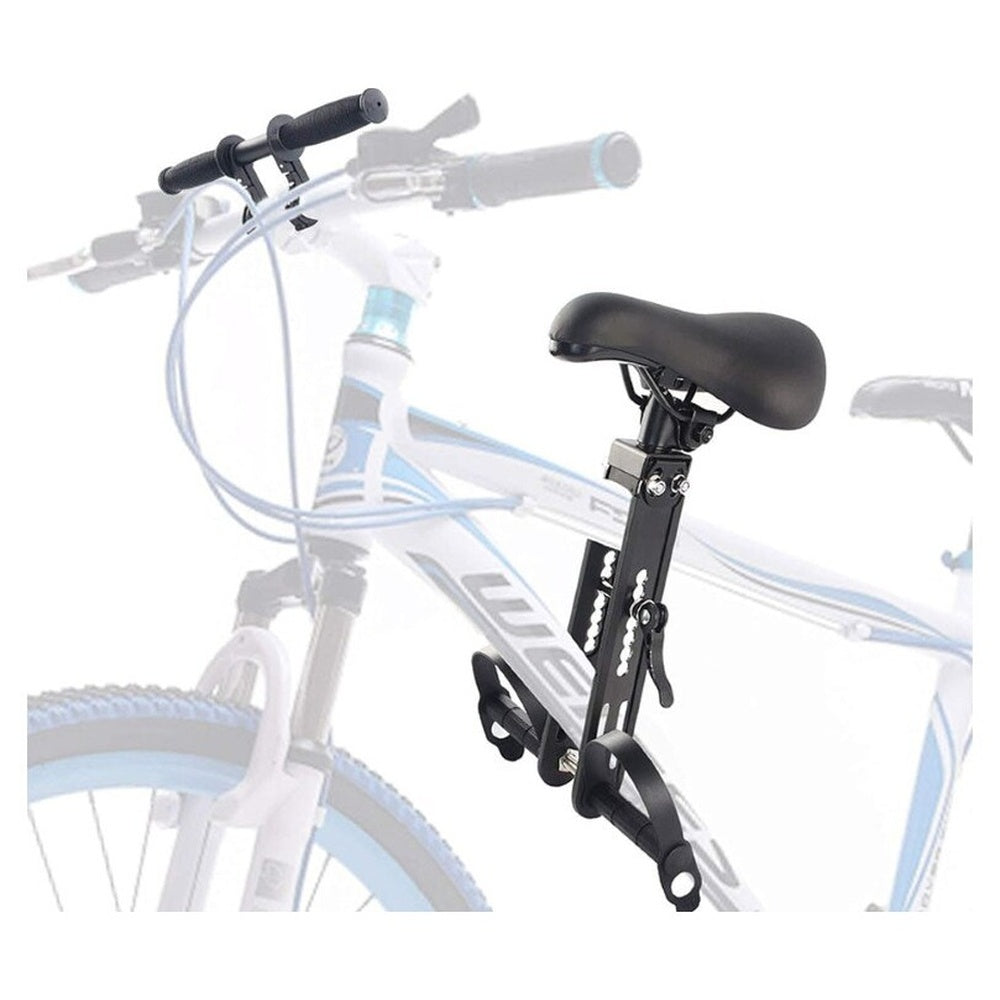 Kids front mount bike seat attached to mountain bike handlebar