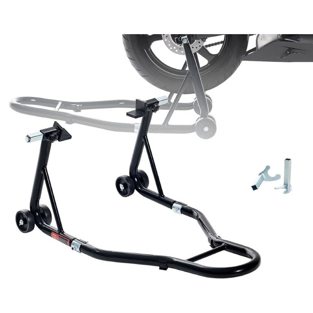 Motorcycle rear wheel stand side view with U and L fork heads