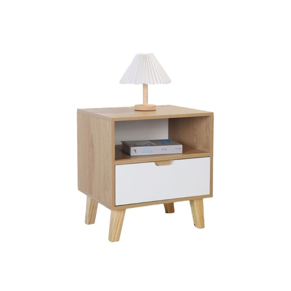 White and wood bedside table with drawer