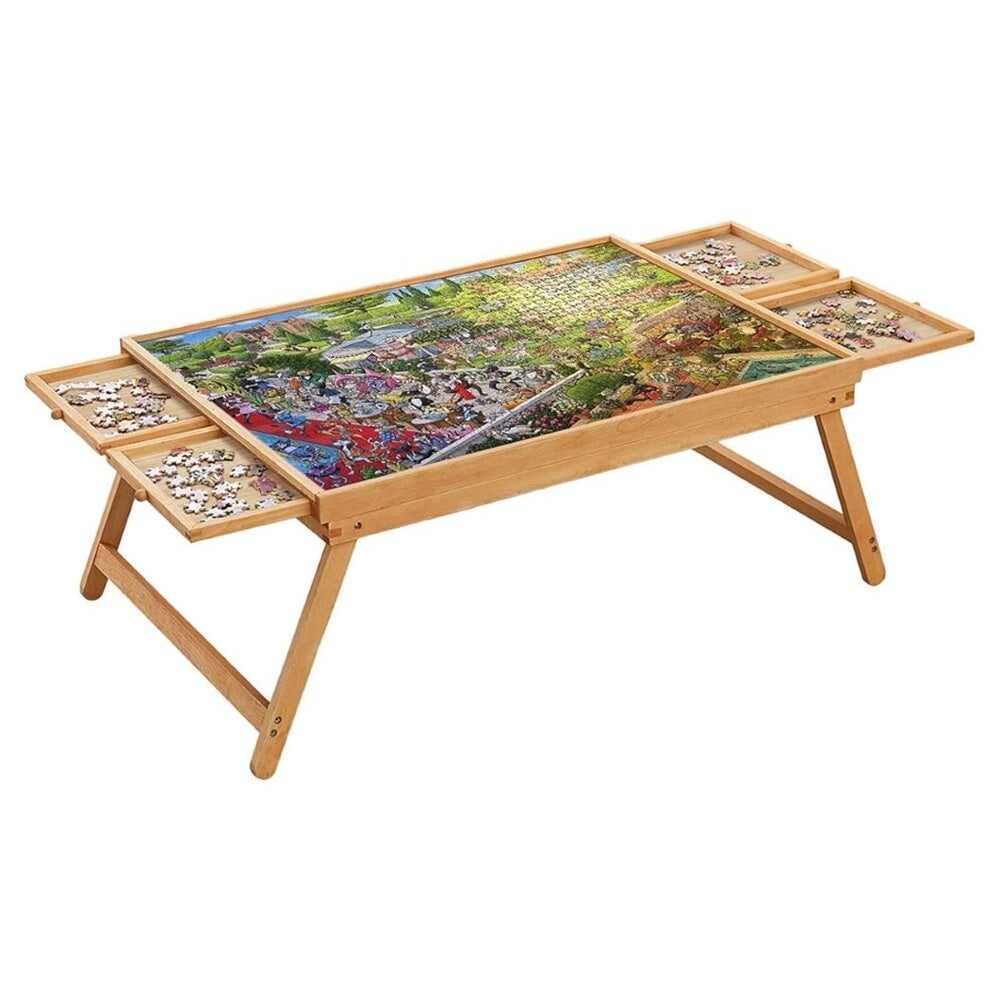Puzzle table folded for compact storage