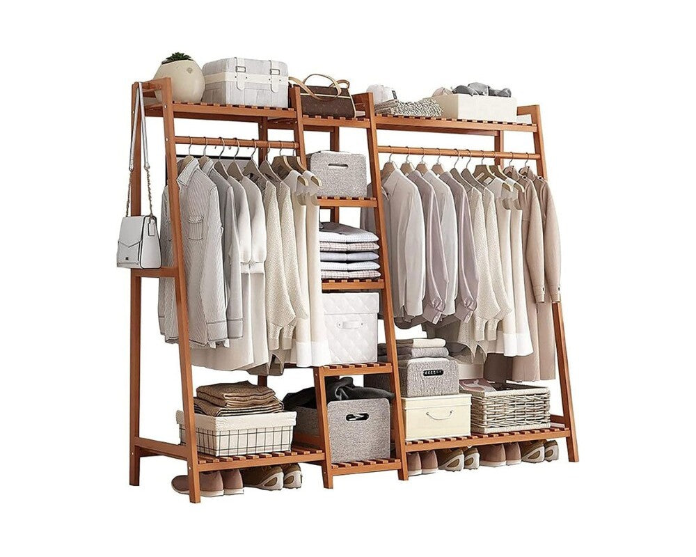Clothes rack holding coats and shoes