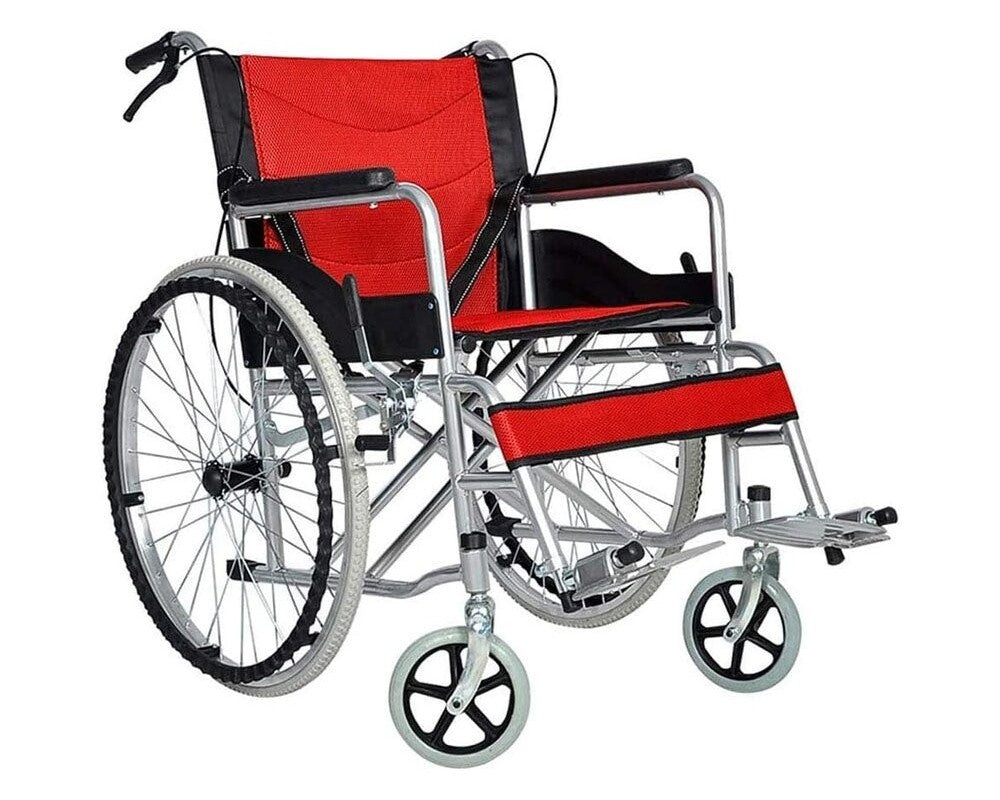 Red wheelchair showing easy push button fold feature
