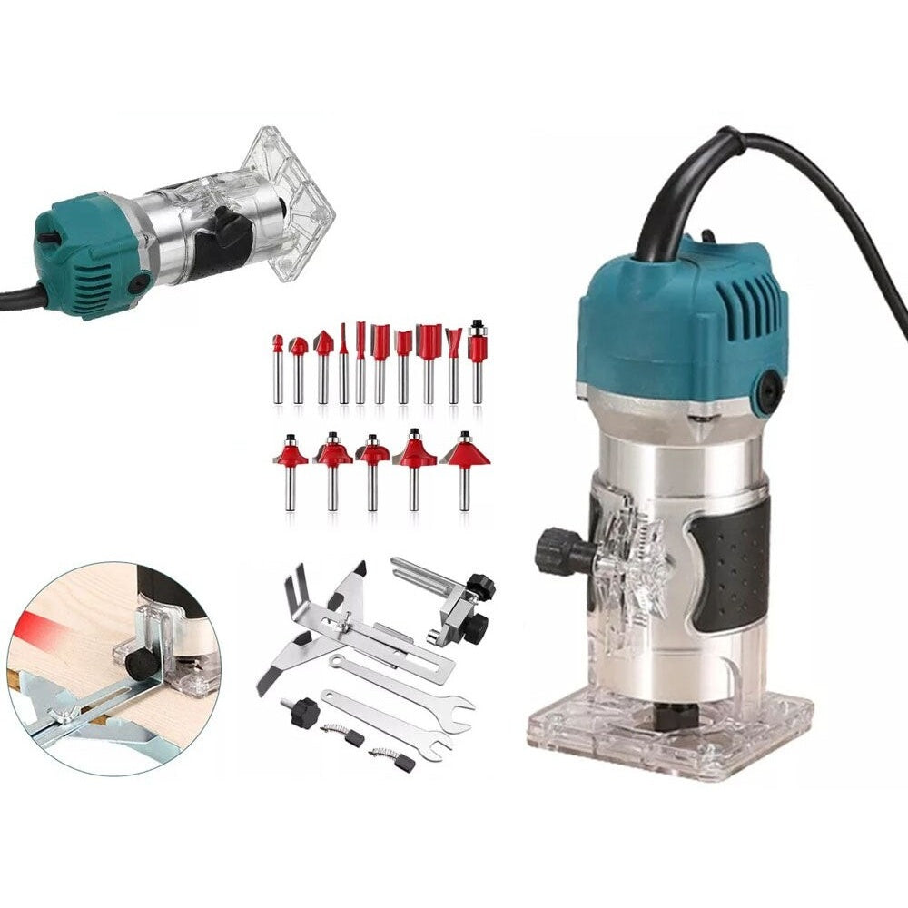 Wood router tool with wrenches and accessories