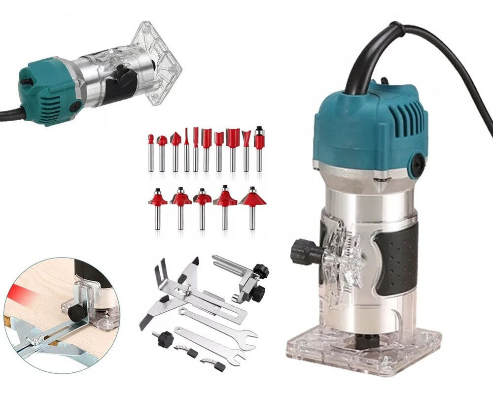 Wood router tool with straight line guide attached