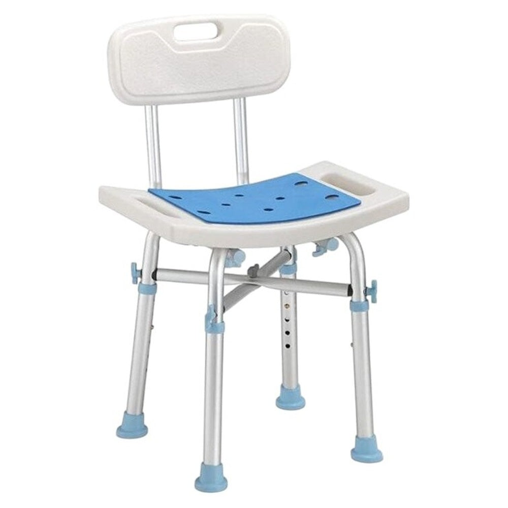 Adjustable shower stool with padded seat and backrest