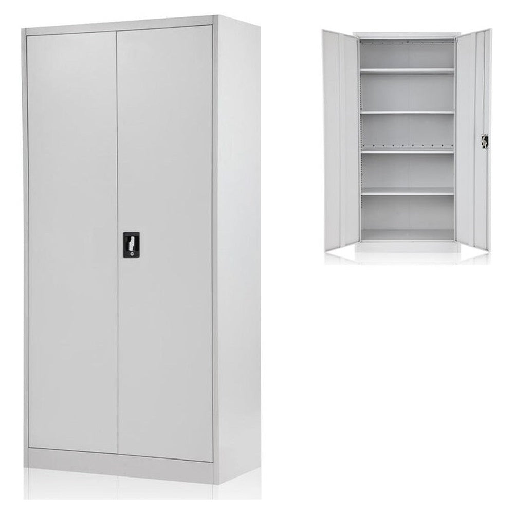 Steel filing cabinet front view with closed lockable doors