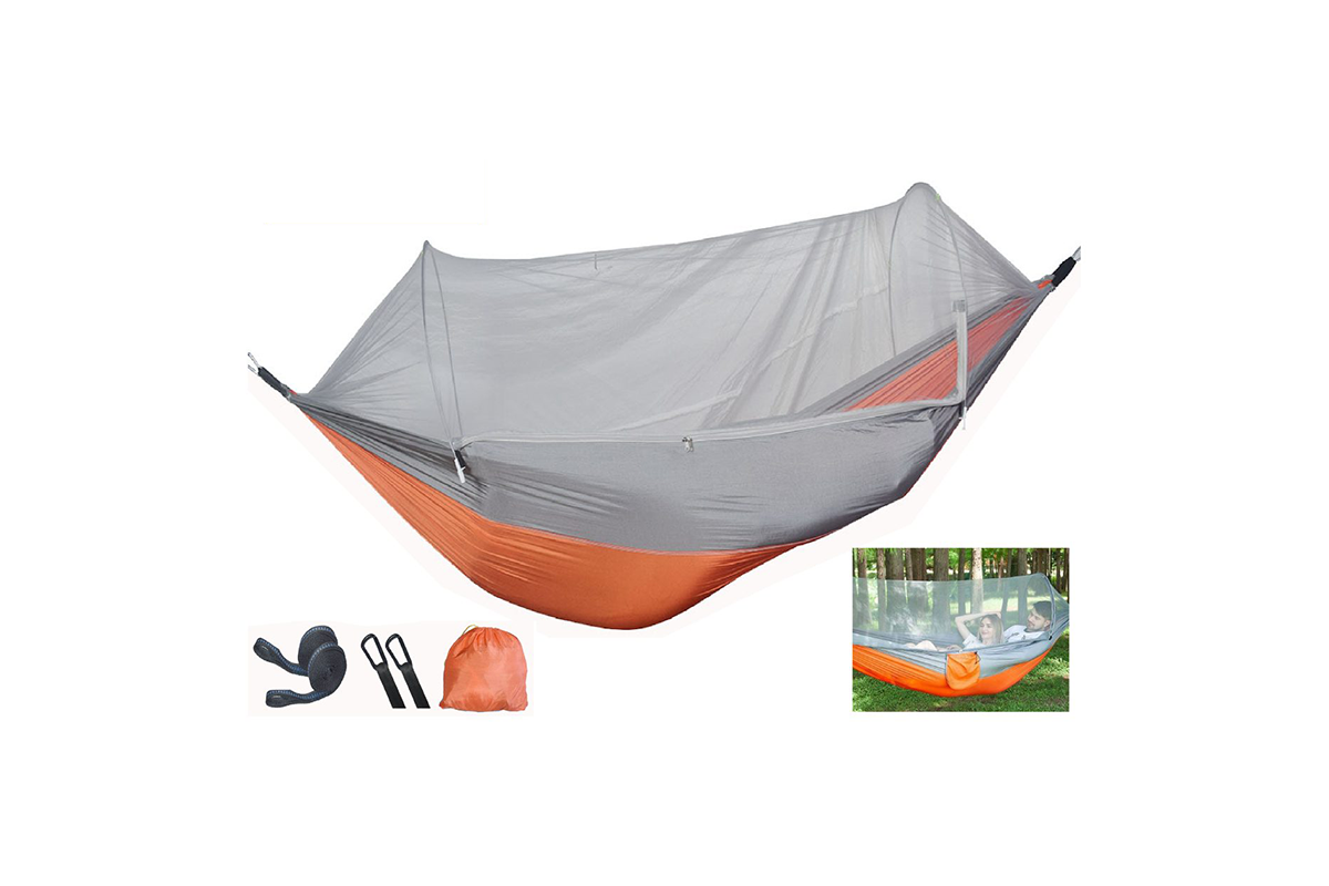 Close-up of nylon and polyester fabric on camping hammock