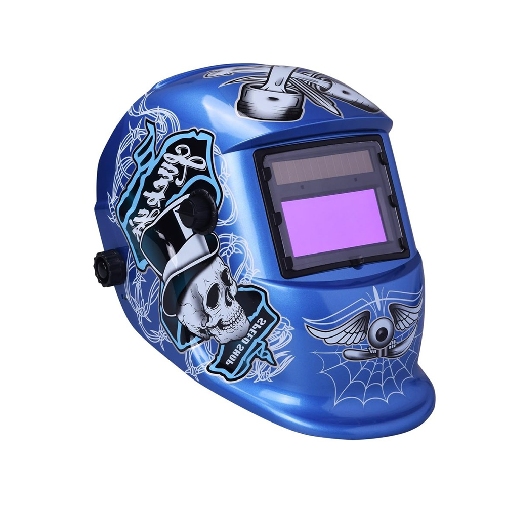 Blue welding helmet front view with auto-darkening lens