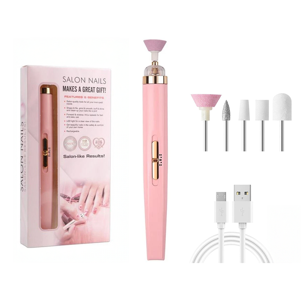 Electric nail drill kit showing pink body and USB charging port