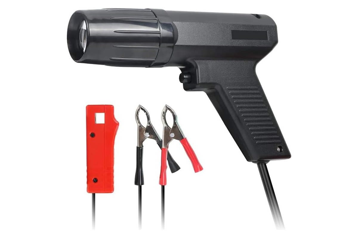 Close-up of inductive clamp on timing light tester