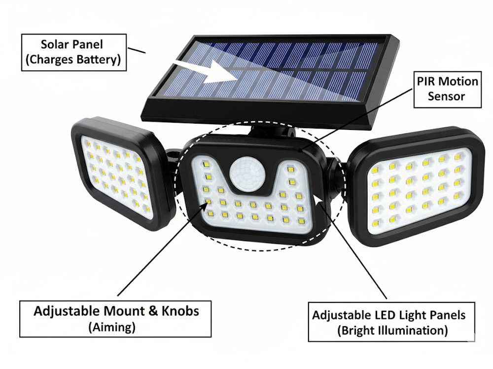 3-Headed Outdoor Solar Motion Sensor Light 74LED