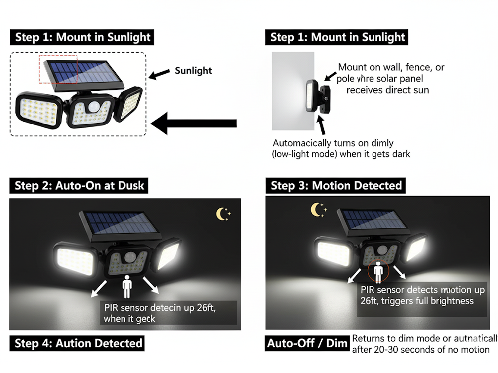 3-Headed Outdoor Solar Motion Sensor Light 74LED
