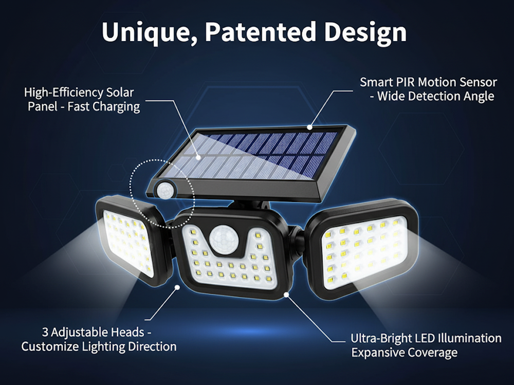 3-Headed Outdoor Solar Motion Sensor Light 74LED