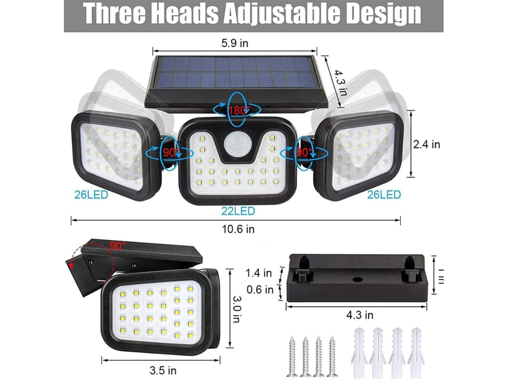 3-Headed Outdoor Solar Motion Sensor Light 74LED