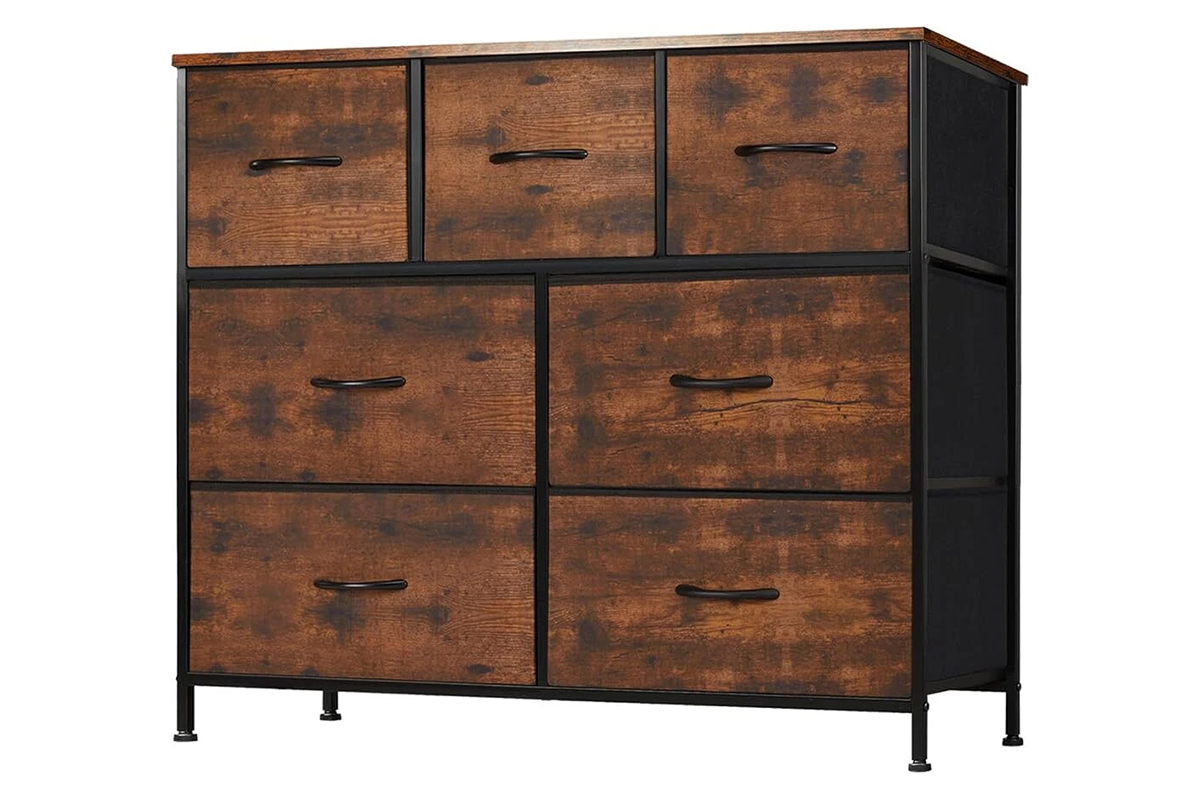 Side angle of chest of drawers tall boy showing steel frame