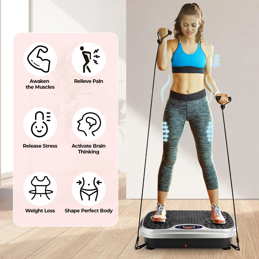 User standing on vibration plate lymphatic drainage machine