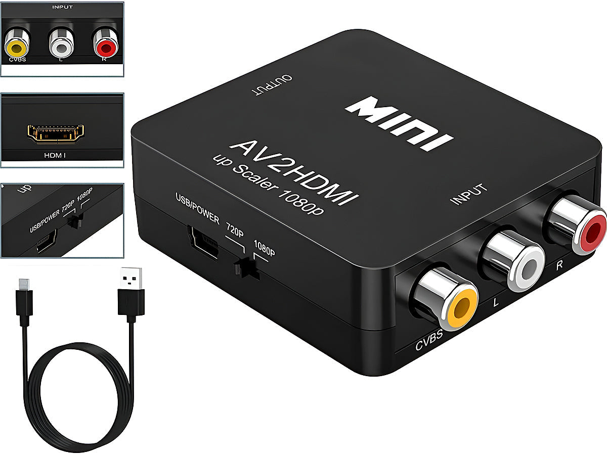 Side view of AV to HDMI converter showing input and output ports