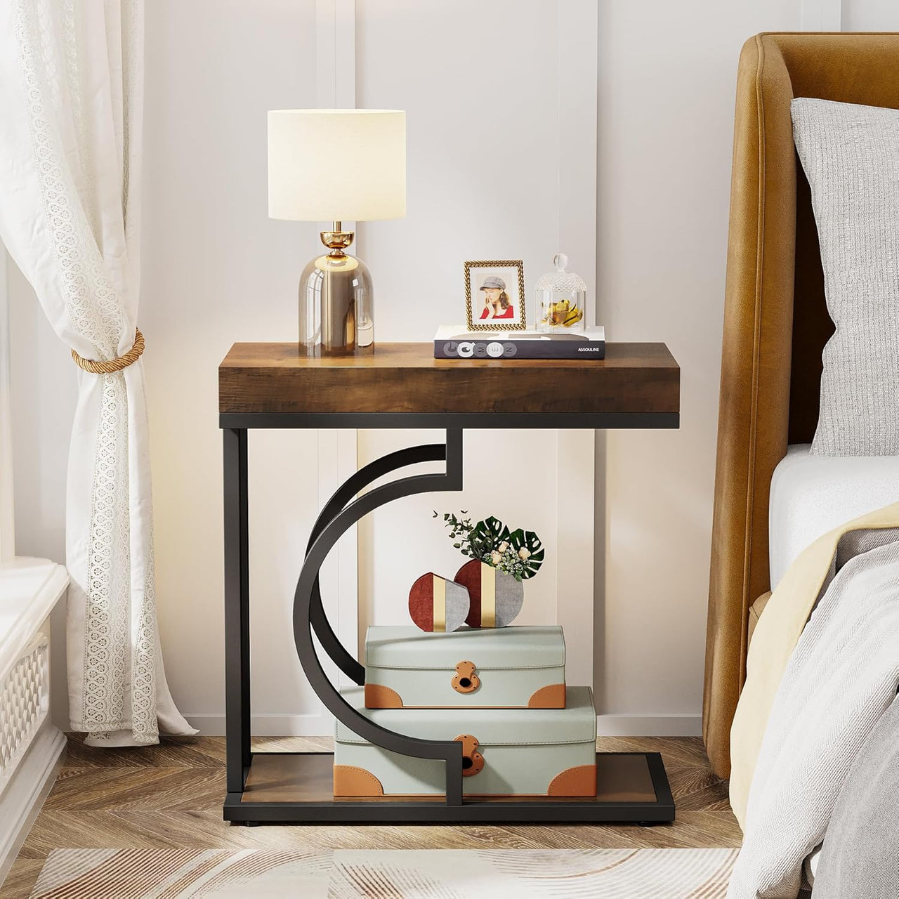 Side Table C-Shaped End Table for Sofa and Bed