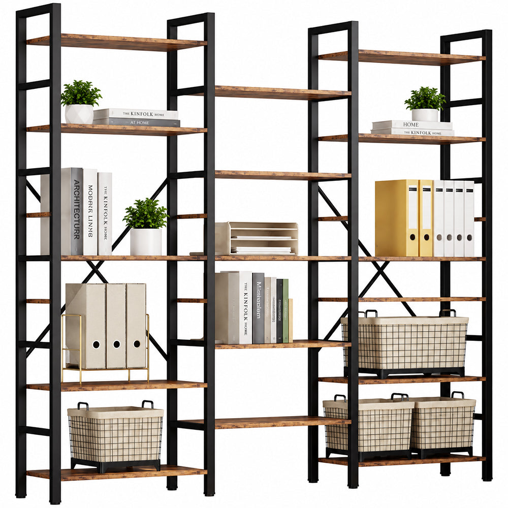 A tall industrial-style bookshelf with black metal framing and warm brown wooden shelves, styled with books, plants, baskets, and binders on a white background.
