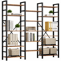 Thumbnail for A tall industrial-style bookshelf with black metal framing and warm brown wooden shelves, styled with books, plants, baskets, and binders on a white background.