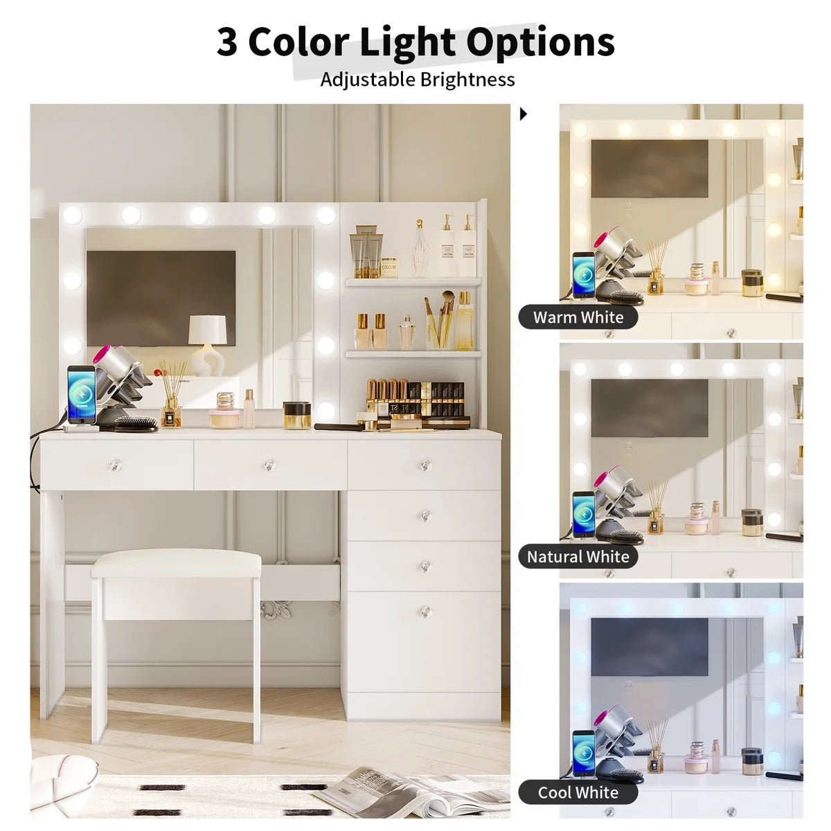 ZiVa LED Vanity Mirror Dressing Table with Stool