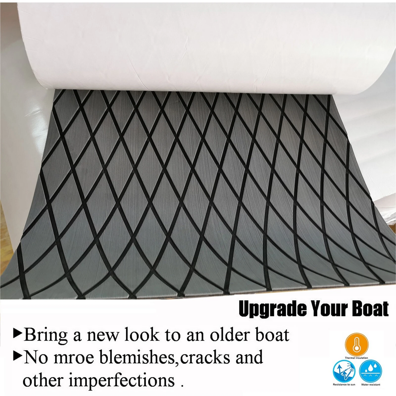 Boat flooring mat showing peel-and-stick adhesive backing