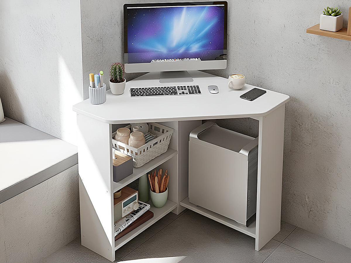 Apple Desktop Triangular Study Desk Triangular Corner Computer Desk Oak – Homyspire