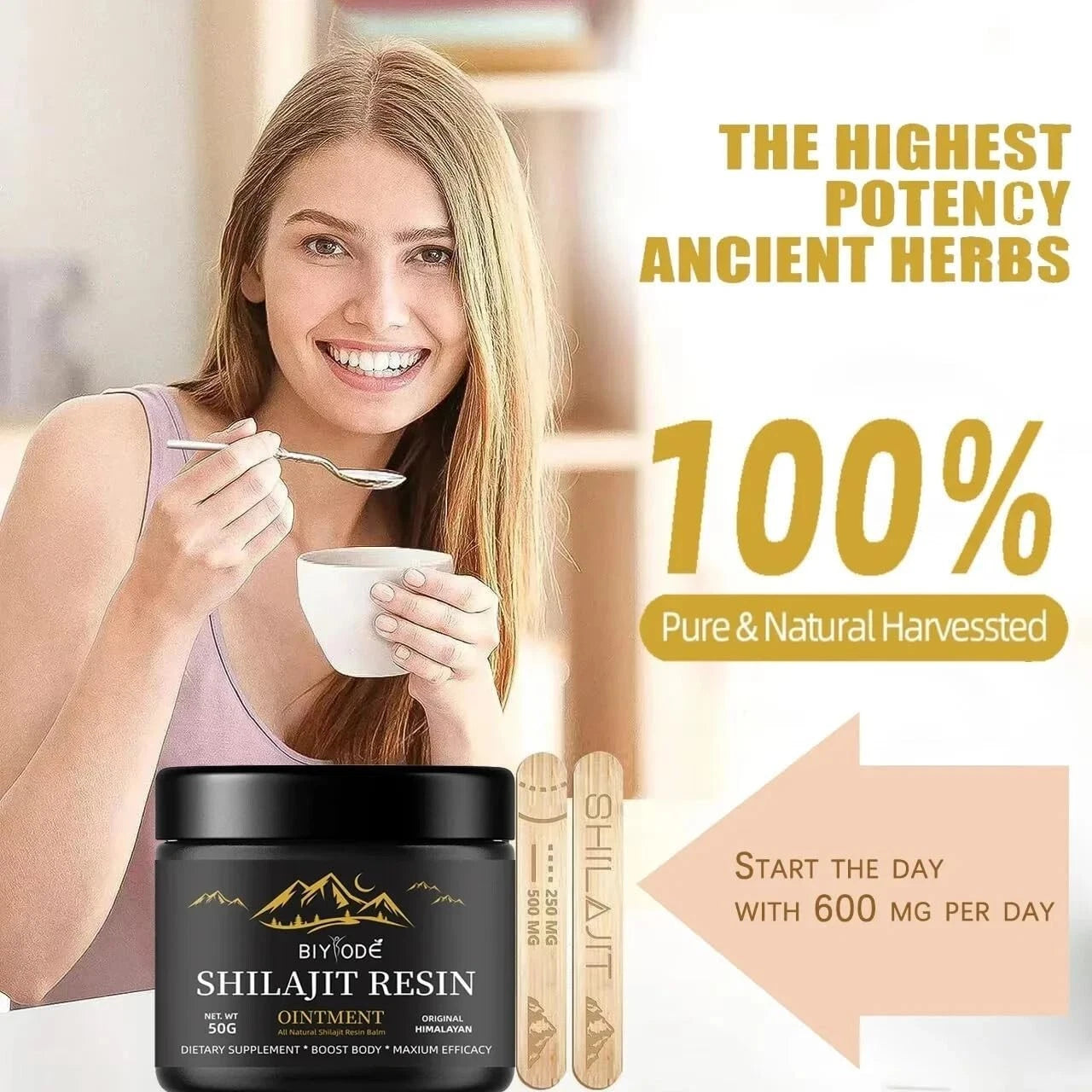 Jar of Shilajit resin on wooden surface