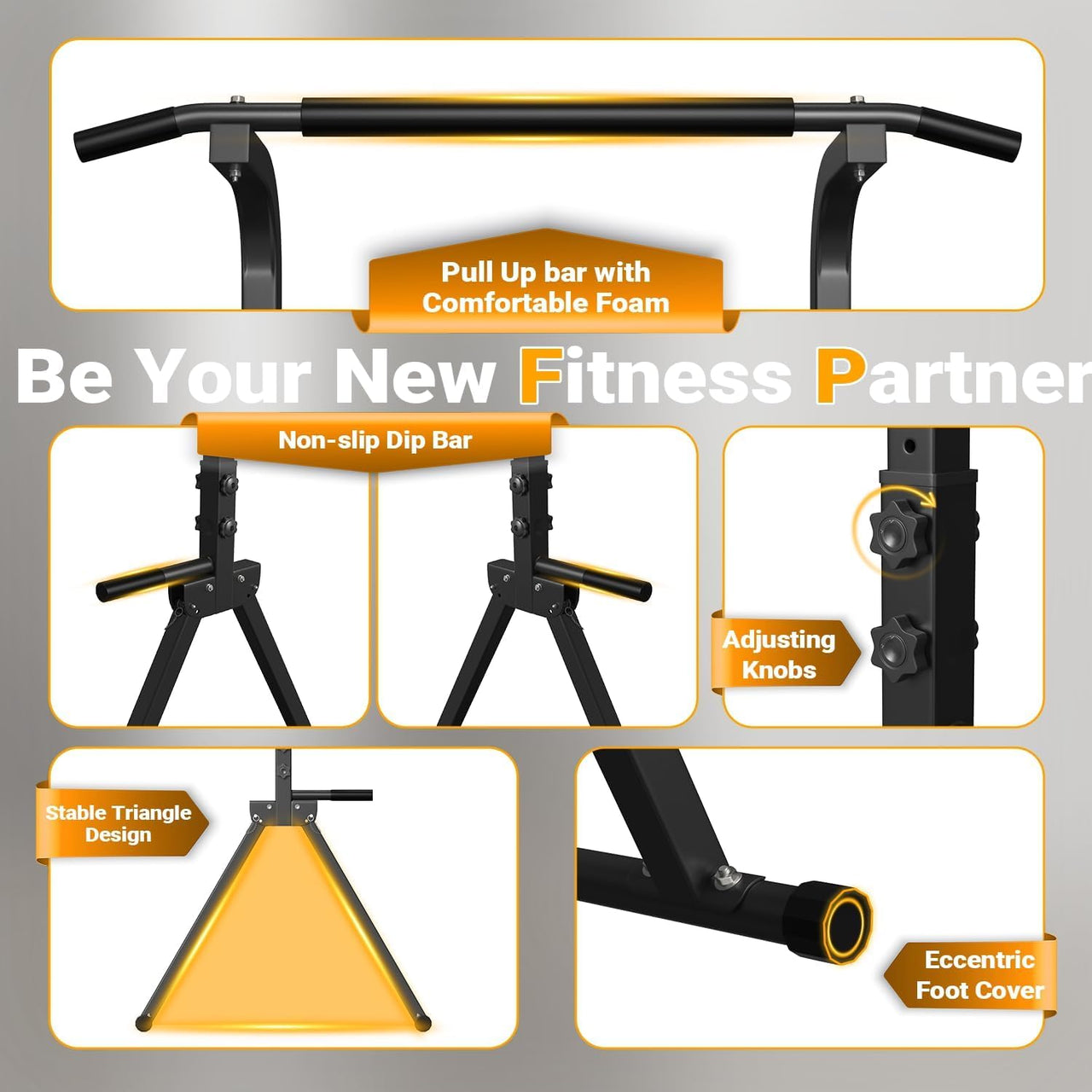 Triangular frame base of the chin up pull up station for maximum stability.