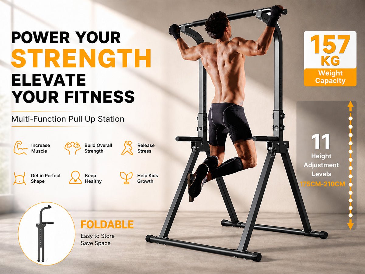 Foldable Power Tower Pull Up Bar & Dip Station with Bench
