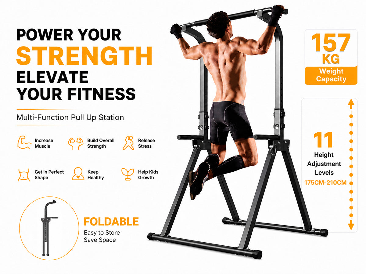Foldable Power Tower Pull Up Bar & Dip Station with Bench