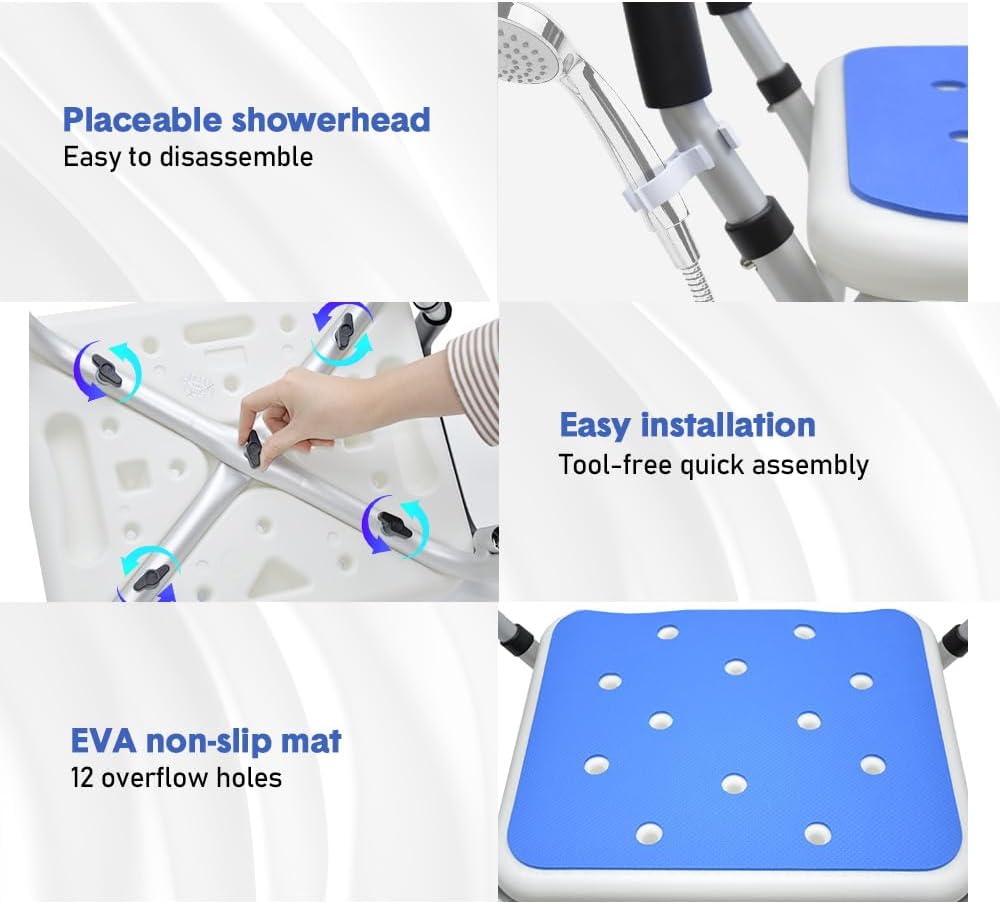 Detail of the drainage holes on the seat of the shower stool, promoting hygiene and comfort.