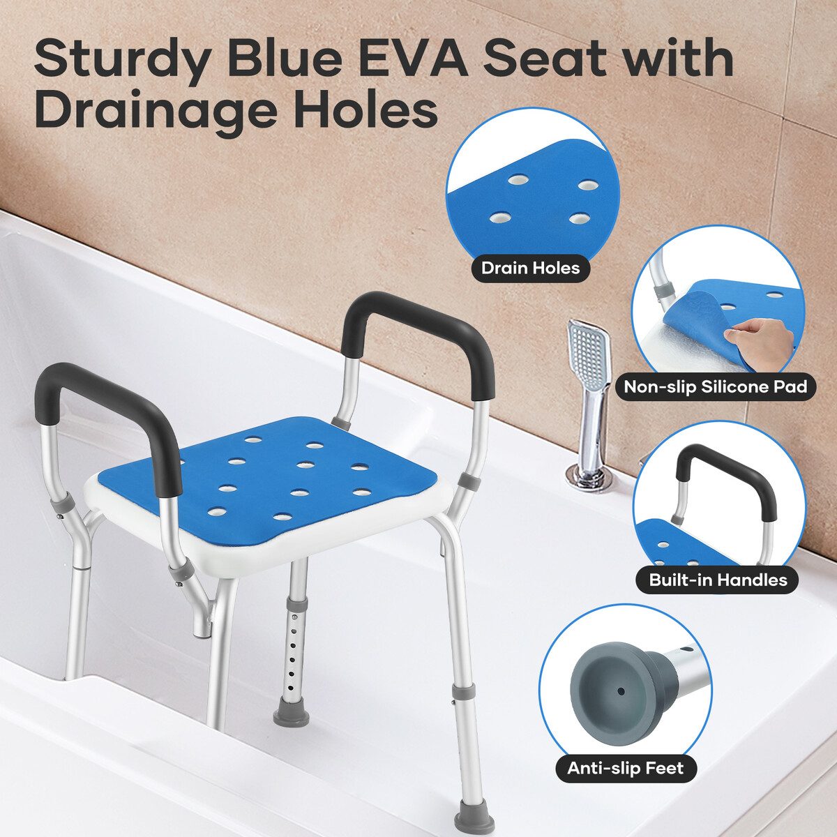 Specifications diagram highlighting the dimensions and features of the adjustable shower chair.