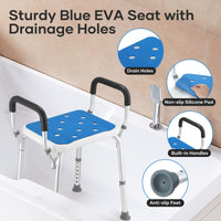 Thumbnail for Specifications diagram highlighting the dimensions and features of the adjustable shower chair.