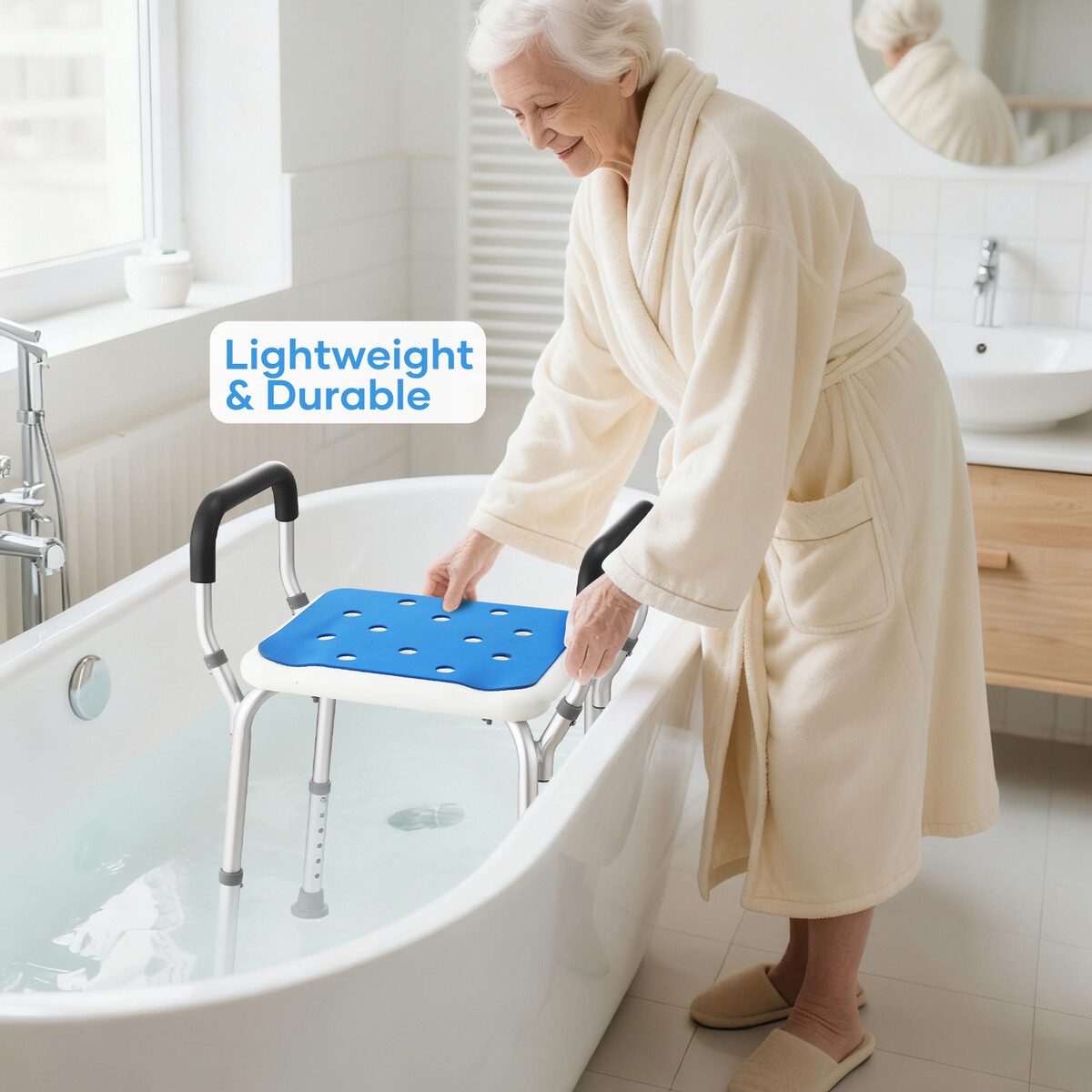 Top view of the ergonomic seat design of the shower chair with integrated drainage holes.