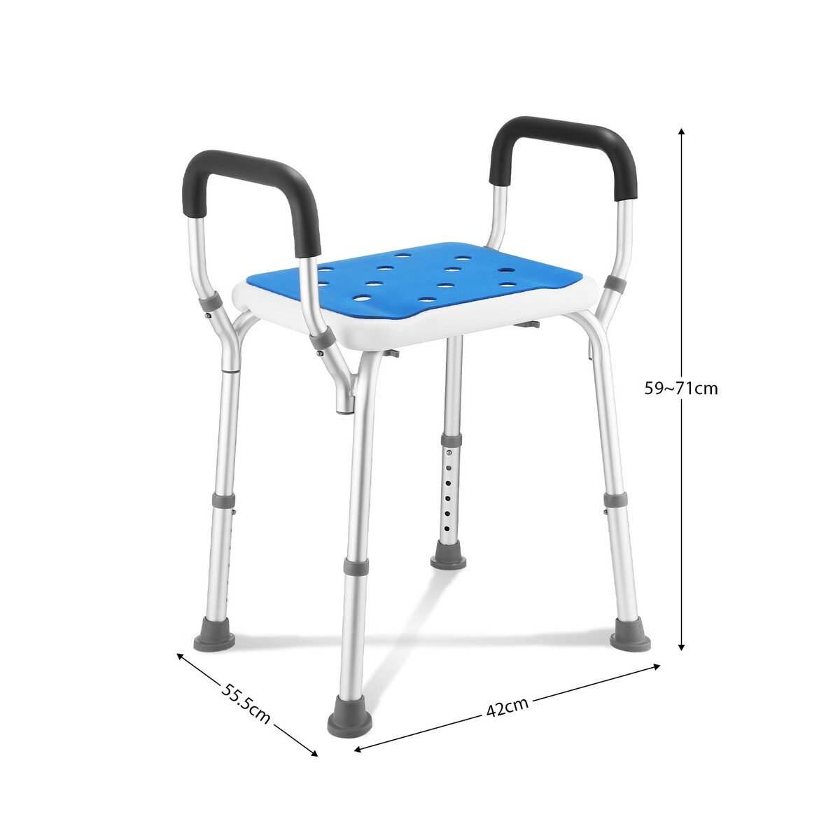 White shower stool chair with side armrests, designed for stability and support in wet environments.