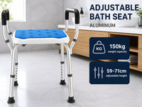 Thumbnail for White height adjustable shower stool chair with armrests and non-slip feet for bathroom safety.