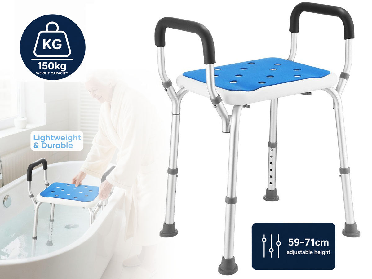 Ergonomic white shower chair with adjustable height and sturdy aluminium frame, ideal for daily use.
