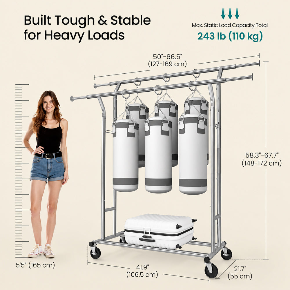 Heavy Duty Double Hanging Rails Metal Garment Rack Stand
