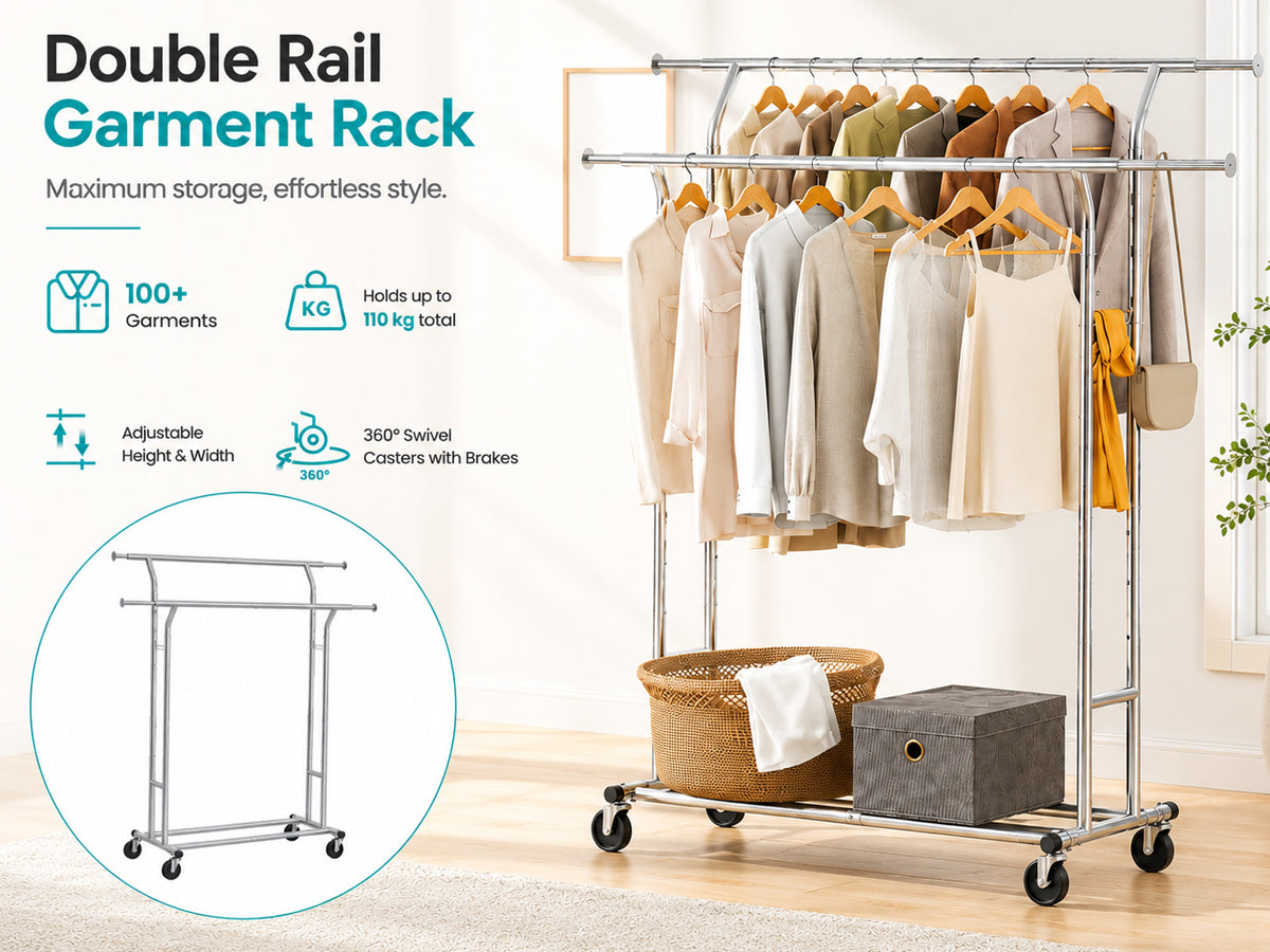 Heavy Duty Double Hanging Rails Metal Garment Rack Stand