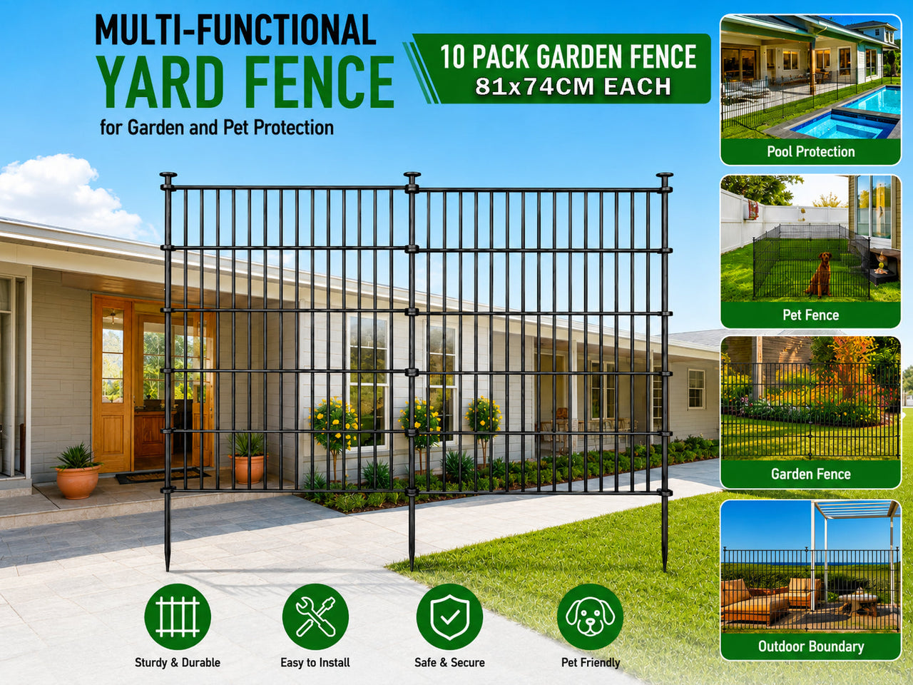 10 Pack Metal Garden Barrier Fence - 80x69cm Animal Fence Panels, Decorative Garden Border
