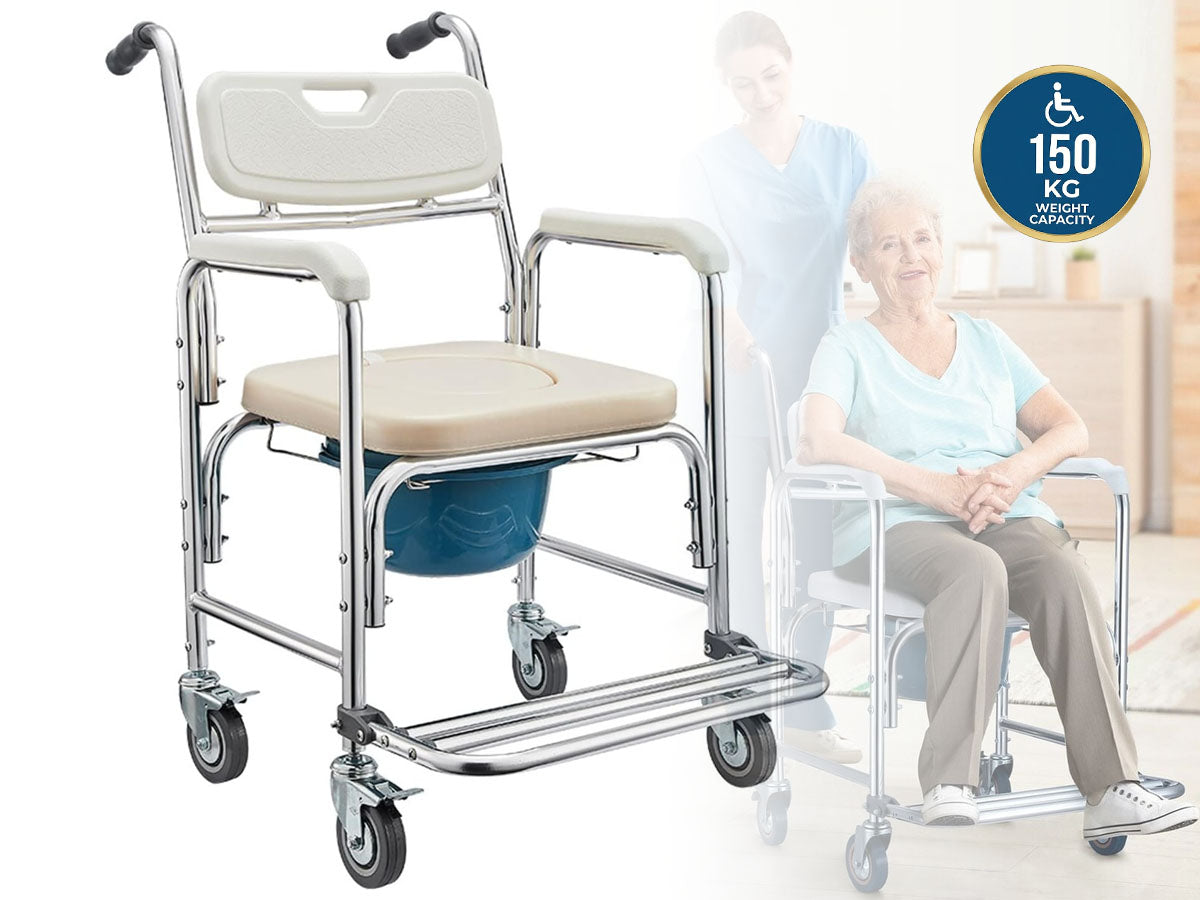 Mobile Shower Toilet Commode Chair Bath Wheelchair 4 in 1 Bath Stool Folding with Arms