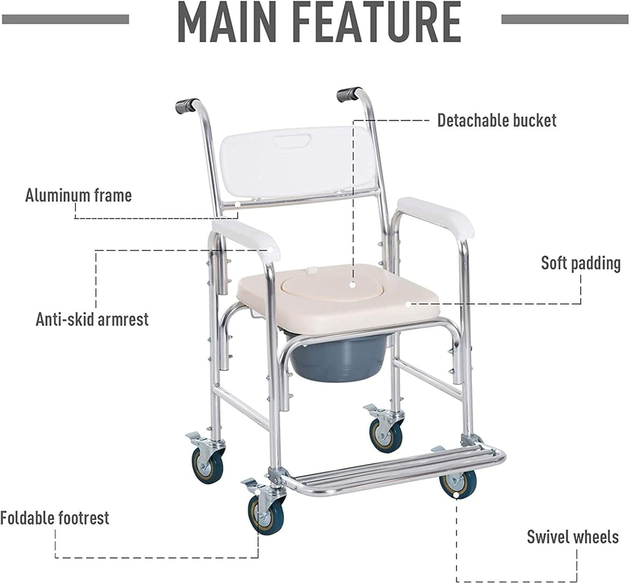 Mobile Shower Toilet Commode Chair Bath Wheelchair 4 in 1 Bath Stool Folding with Arms