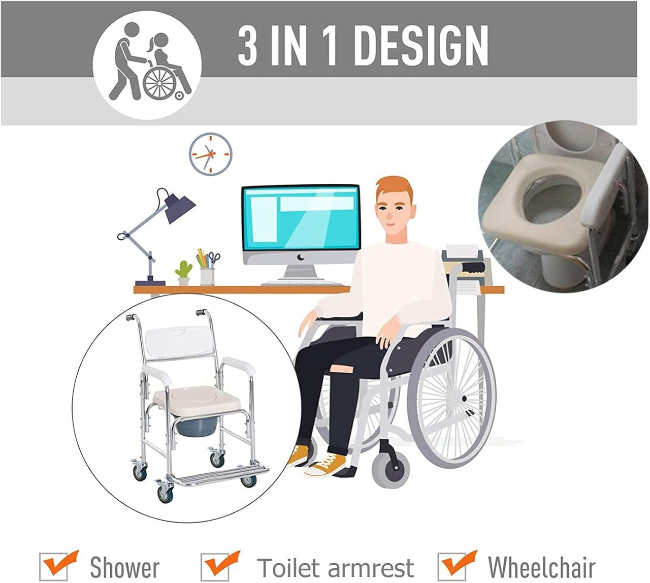 Mobile Shower Toilet Commode Chair Bath Wheelchair 4 in 1 Bath Stool Folding with Arms