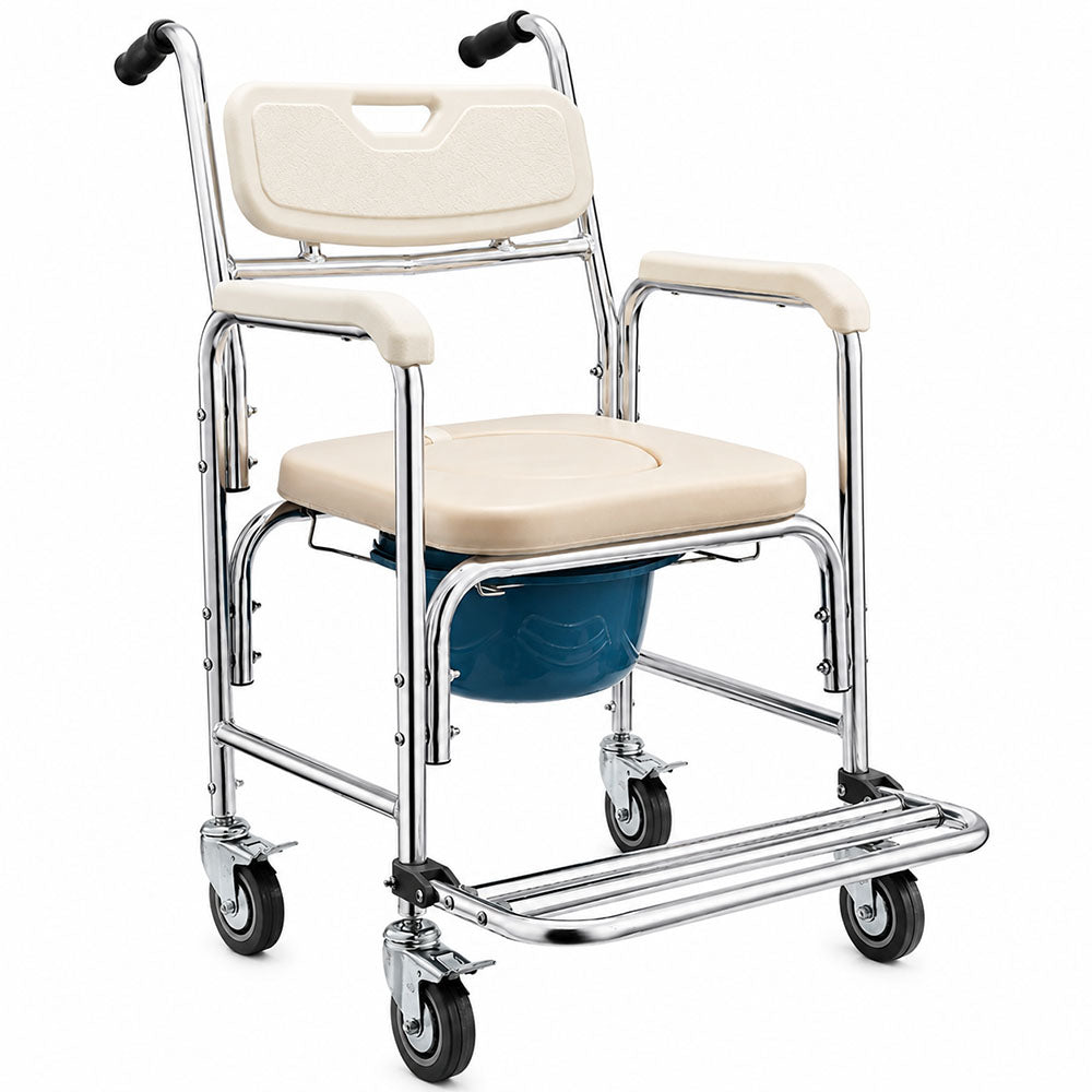 Mobile Shower Toilet Commode Chair Bath Wheelchair 4 in 1 Bath Stool Folding with Arms